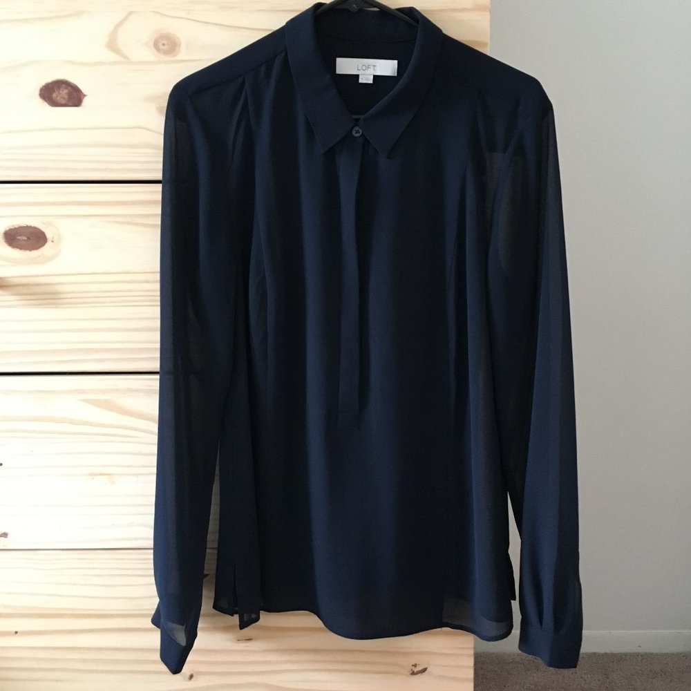Loft semi-sheer navy collared top
